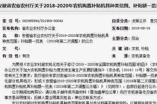 2018-2020年安徽农机购置补贴机具种类范围、补贴额一览表（2019