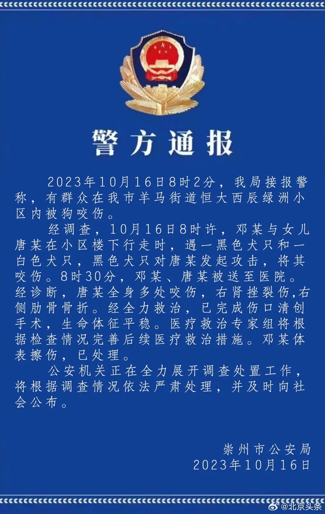 警方通报幼儿小区内遭未拴绳大狗撕咬