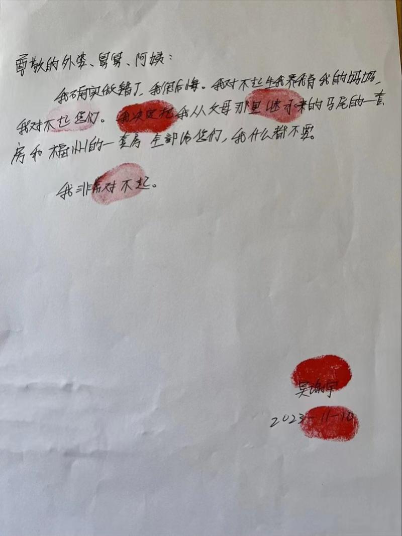 代理律师透露吴谢宇道歉信被母亲亲属拒收！信中称愿给两套房